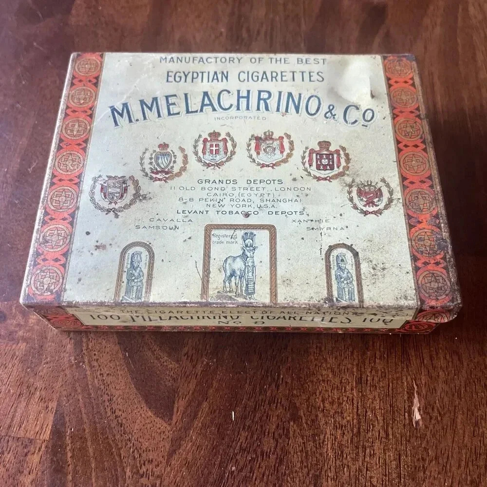Antique M Melachrino Co No 9 Egyptian Cigarette Tin Old Vintage Tobacco Box Case - Picture 1 of 4